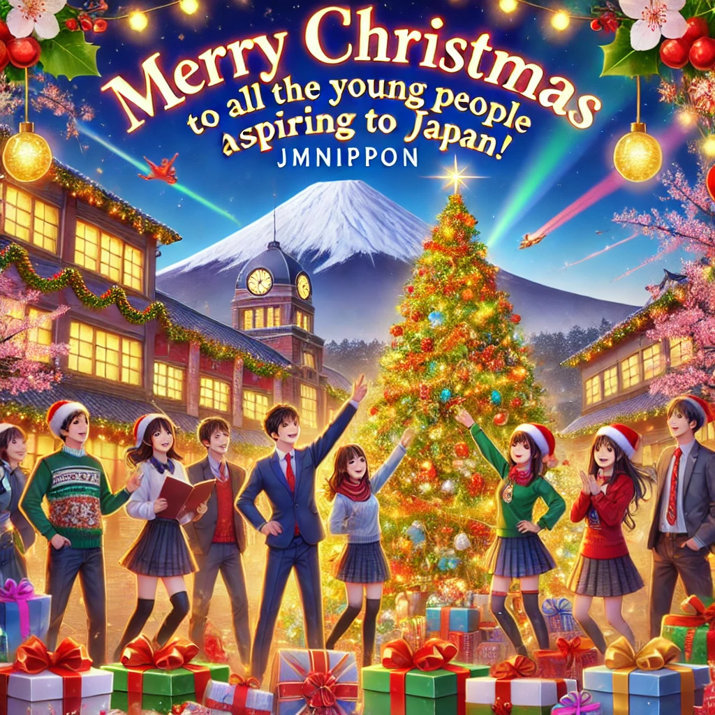 DALL·E 2024 12 25 19.15.54 A festive Christmas illustration featuring a cheerful holiday theme with young people celebrating and aspiring for a bright future in Japan. The setti