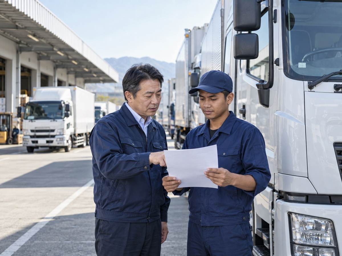 日本の運送現場で打ち合わせをする外国人ドライバー